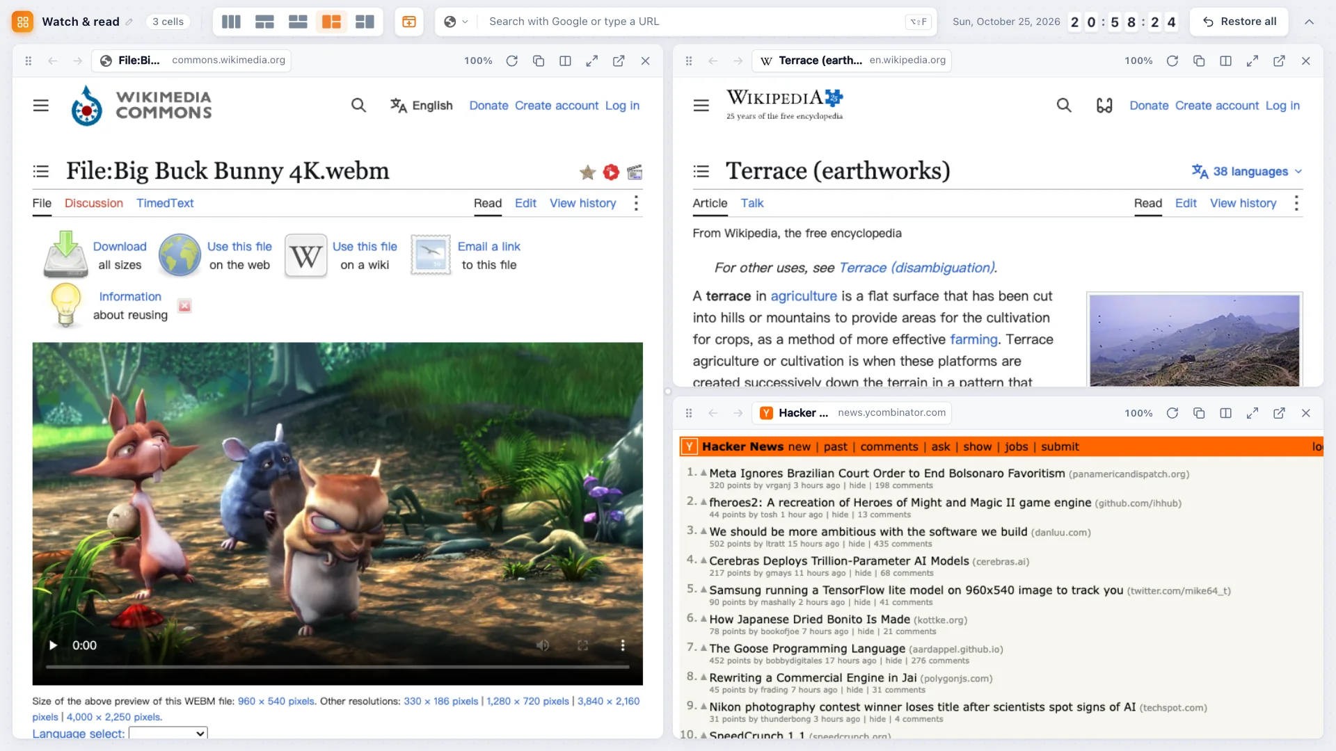 TabTerrace 宫格视图：一个 Chrome 标签页里显示 3 个实时网页