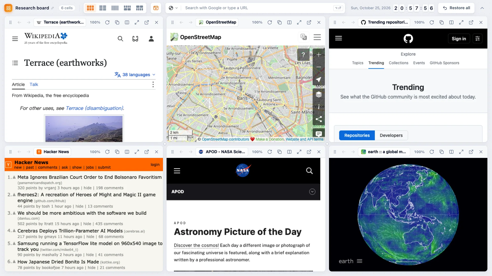 TabTerrace 宫格视图：一个 Chrome 标签页里显示 6 个实时网页