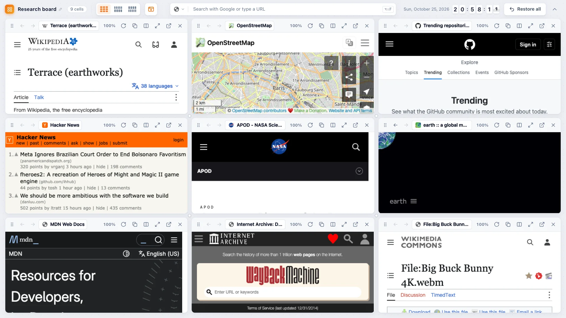 TabTerrace 宫格视图：一个 Chrome 标签页里显示 9 个实时网页